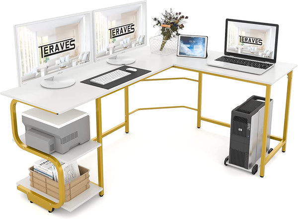 Reversible L Shaped Desk with Shelves 61“ Computer Desk Gaming Desk for Home Office Corner Office Desk for Small Space