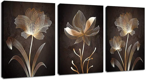 Abstract Wall Art Brown Flowers Canvas Pictures Contemporary Minimalism Abstract Flower Artwork for Bedroom Bathroom Living Room Wall Decor 12" X 16" X 3 Pieces
