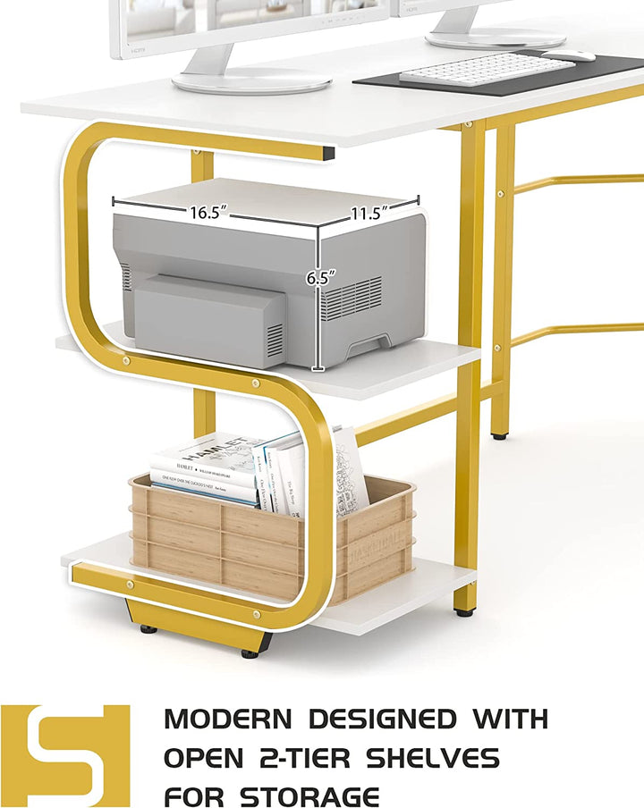 Reversible L Shaped Desk with Shelves 61“ Computer Desk Gaming Desk for Home Office Corner Office Desk for Small Space