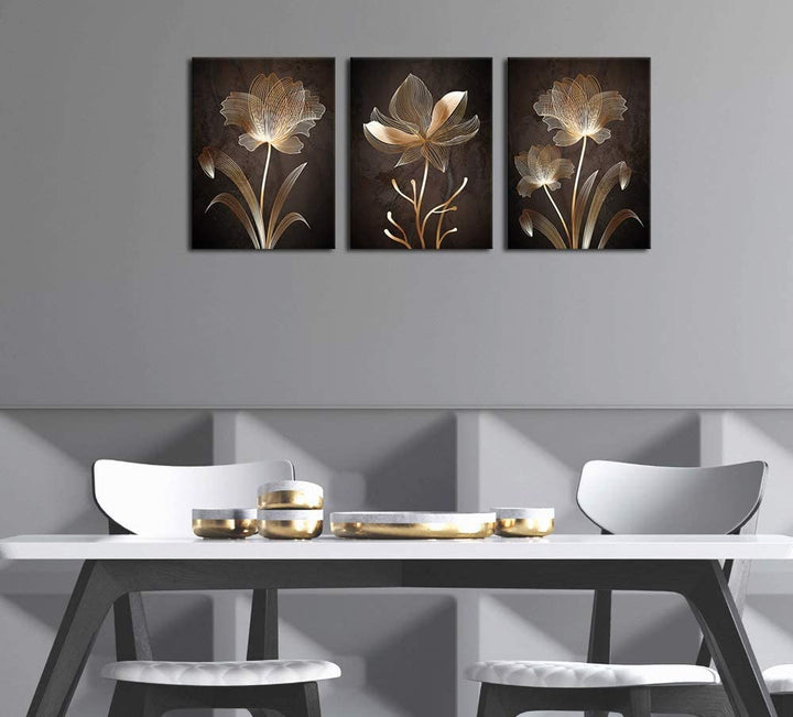 Abstract Wall Art Brown Flowers Canvas Pictures Contemporary Minimalism Abstract Flower Artwork for Bedroom Bathroom Living Room Wall Decor 12" X 16" X 3 Pieces