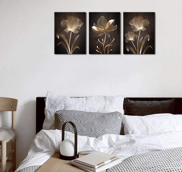 Abstract Wall Art Brown Flowers Canvas Pictures Contemporary Minimalism Abstract Flower Artwork for Bedroom Bathroom Living Room Wall Decor 12" X 16" X 3 Pieces